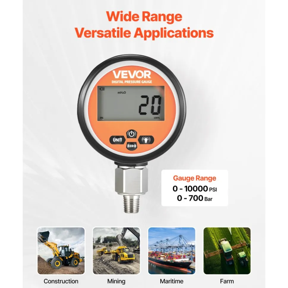 VEVOR Digital Hydraulic Pressure Gauge, 0-10000 PSI (0-700 Bar) Hydraulic Pressure Sensor, Manometer Tester with 1/4 inch NPT Base Entry for Excavator Construction Machinery, Stainless Steel Housing