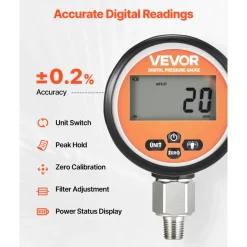 VEVOR Digital Hydraulic Pressure Gauge, 0-10000 PSI (0-700 Bar) Hydraulic Pressure Sensor, Manometer Tester with 1/4 inch NPT Base Entry for Excavator Construction Machinery, Stainless Steel Housing