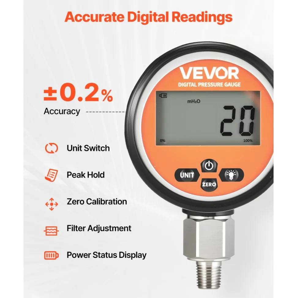 VEVOR Digital Hydraulic Pressure Gauge, 0-10000 PSI (0-700 Bar) Hydraulic Pressure Sensor, Manometer Tester with 1/4 inch NPT Base Entry for Excavator Construction Machinery, Stainless Steel Housing