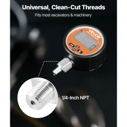 VEVOR Digital Hydraulic Pressure Gauge, 0-10000 PSI (0-700 Bar) Hydraulic Pressure Sensor, Manometer Tester with 1/4 inch NPT Base Entry for Excavator Construction Machinery, Stainless Steel Housing