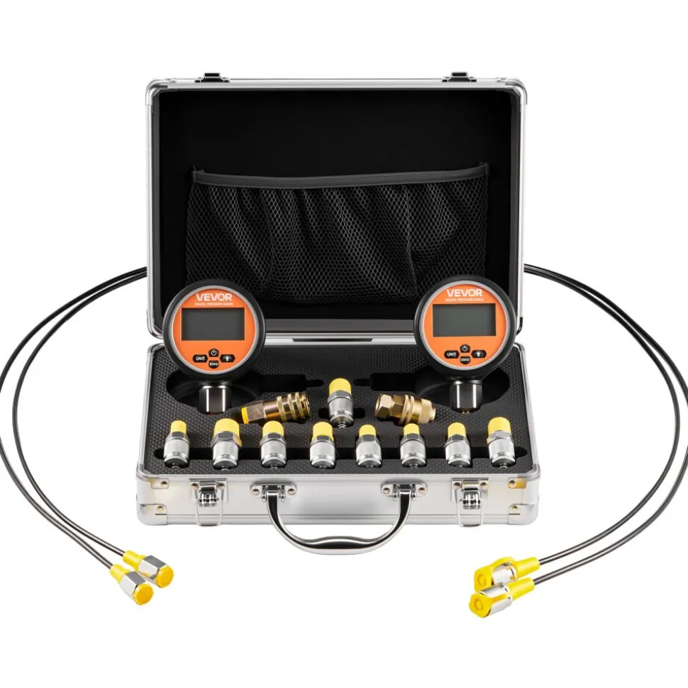 VEVOR Digital Hydraulic Pressure Test Coupling Kit, 10000 PSI Pressure Gauge Manometer Tester with 2 Gauges, 9 Test Couplings, 2 Quick-Release Couplers, 2 Hoses for Excavator Construction Machinery