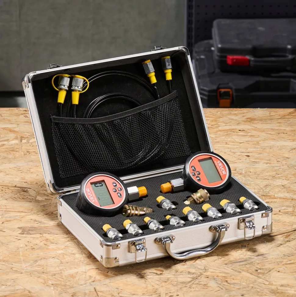 VEVOR Digital Hydraulic Pressure Test Coupling Kit, 10000 PSI Pressure Gauge Manometer Tester with 2 Gauges, 9 Test Couplings, 2 Quick-Release Couplers, 2 Hoses for Excavator Construction Machinery