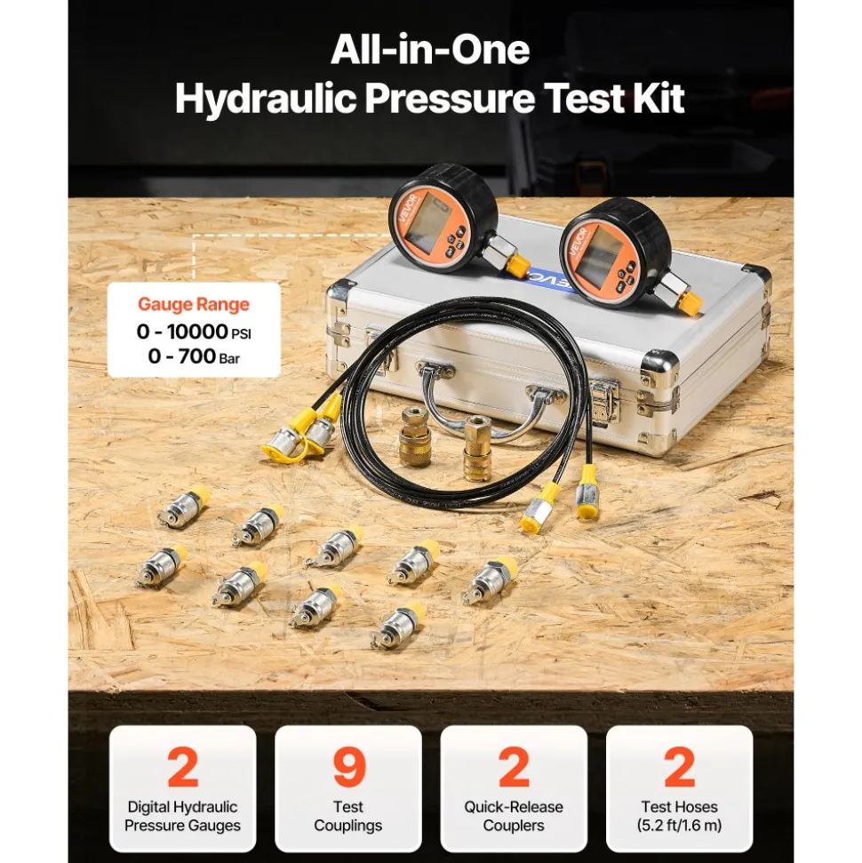 VEVOR Digital Hydraulic Pressure Test Coupling Kit, 10000 PSI Pressure Gauge Manometer Tester with 2 Gauges, 9 Test Couplings, 2 Quick-Release Couplers, 2 Hoses for Excavator Construction Machinery