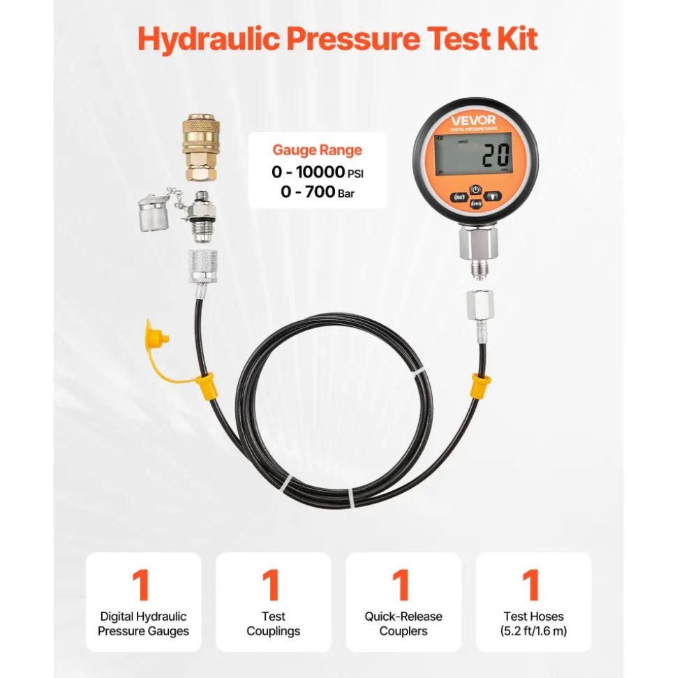 VEVOR Digital Hydraulic Pressure Test Coupling Kit, 10000 PSI Pressure Gauge Manometer Tester with 1 Gauge, 1 Test Coupling, 1 Quick-Release Coupler, and 1 Hose for Excavator Construction Machinery