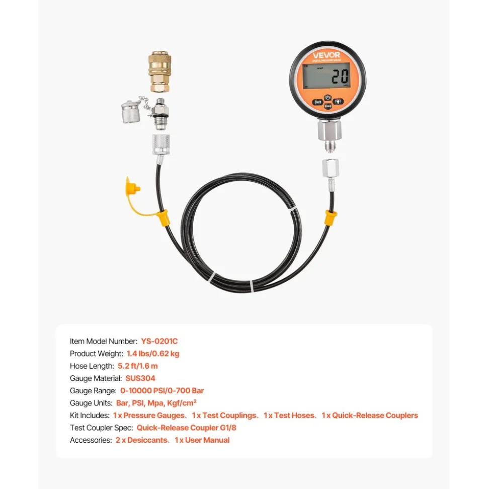 VEVOR Digital Hydraulic Pressure Test Coupling Kit, 10000 PSI Pressure Gauge Manometer Tester with 1 Gauge, 1 Test Coupling, 1 Quick-Release Coupler, and 1 Hose for Excavator Construction Machinery