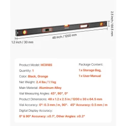 VEVOR Digital Level, 48 in Length, Magnetic Electronic Level with LED Backlit Display, 360° Electronic Leveler Tool with 0°/45°/90° Bubble Vials, IP54 Rating for Construction Carpentry Home Renovation