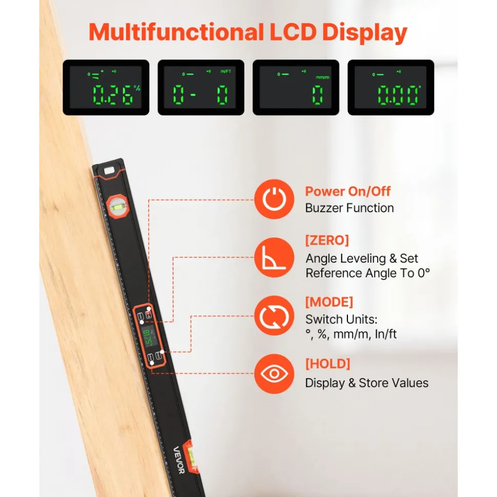 VEVOR Digital Level, 48 in Length, Magnetic Electronic Level with LED Backlit Display, 360° Electronic Leveler Tool with 0°/45°/90° Bubble Vials, IP54 Rating for Construction Carpentry Home Renovation