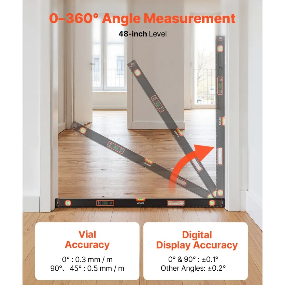 VEVOR Digital Level, 48 in Length, Magnetic Electronic Level with LED Backlit Display, 360° Electronic Leveler Tool with 0°/45°/90° Bubble Vials, IP54 Rating for Construction Carpentry Home Renovation