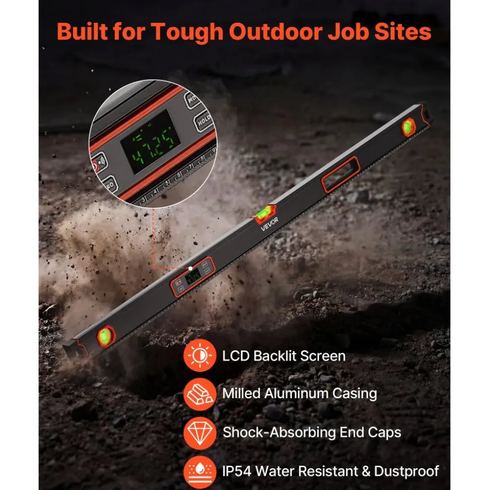 VEVOR Digital Level, 48 in Length, Magnetic Electronic Level with LED Backlit Display, 360° Electronic Leveler Tool with 0°/45°/90° Bubble Vials, IP54 Rating for Construction Carpentry Home Renovation