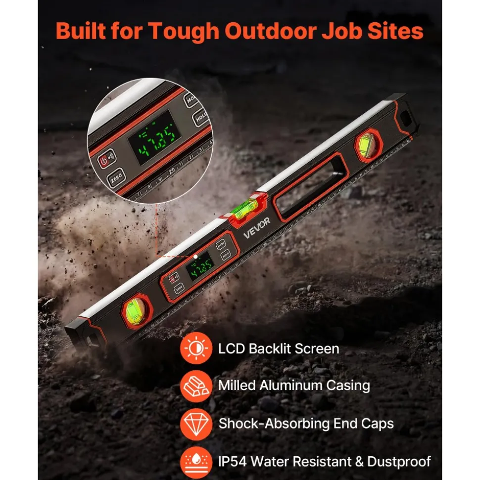 VEVOR Digital Level, 24 in Length, Magnetic Electronic Level with LED Backlit Display, 360° Electronic Leveler Tool with 0°/45°/90° Bubble Vials, IP54 Rating for Construction Carpentry Home Renovation
