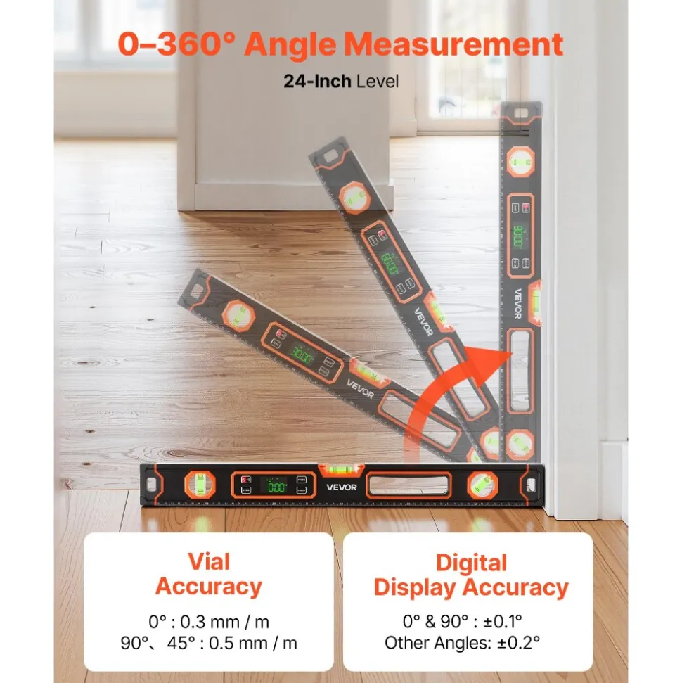 VEVOR Digital Level, 24 in Length, Magnetic Electronic Level with LED Backlit Display, 360° Electronic Leveler Tool with 0°/45°/90° Bubble Vials, IP54 Rating for Construction Carpentry Home Renovation
