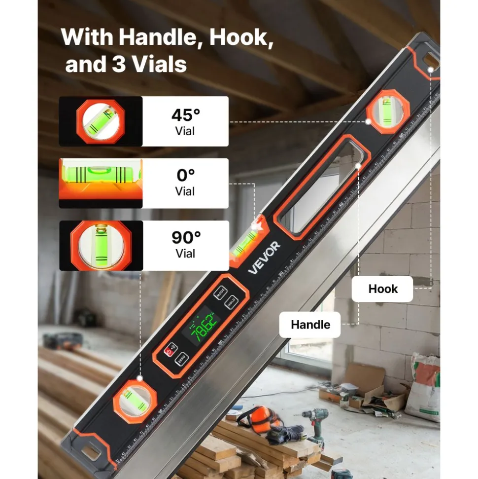 VEVOR Digital Level, 24 in Length, Magnetic Electronic Level with LED Backlit Display, 360° Electronic Leveler Tool with 0°/45°/90° Bubble Vials, IP54 Rating for Construction Carpentry Home Renovation