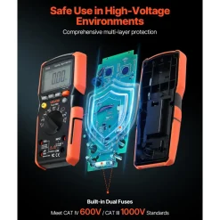 VEVOR Digital Multimeter, 6000-Count TRMS DC/AC Voltmeter Current Tester, Auto-Ranging Multimeter for Current Voltage Resistance Capacitance Temperature Diodes Continuity Low Impedance Measurment
