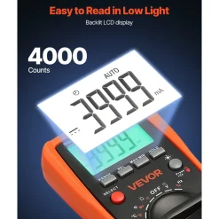 VEVOR Digital Multimeter, 4000-Count TRMS DC/AC Voltmeter Current Tester, Auto-Ranging Multimeter for Current Voltage Resistance Capacitance Temperature Diodes Continuity Duty-Cycle Measurments