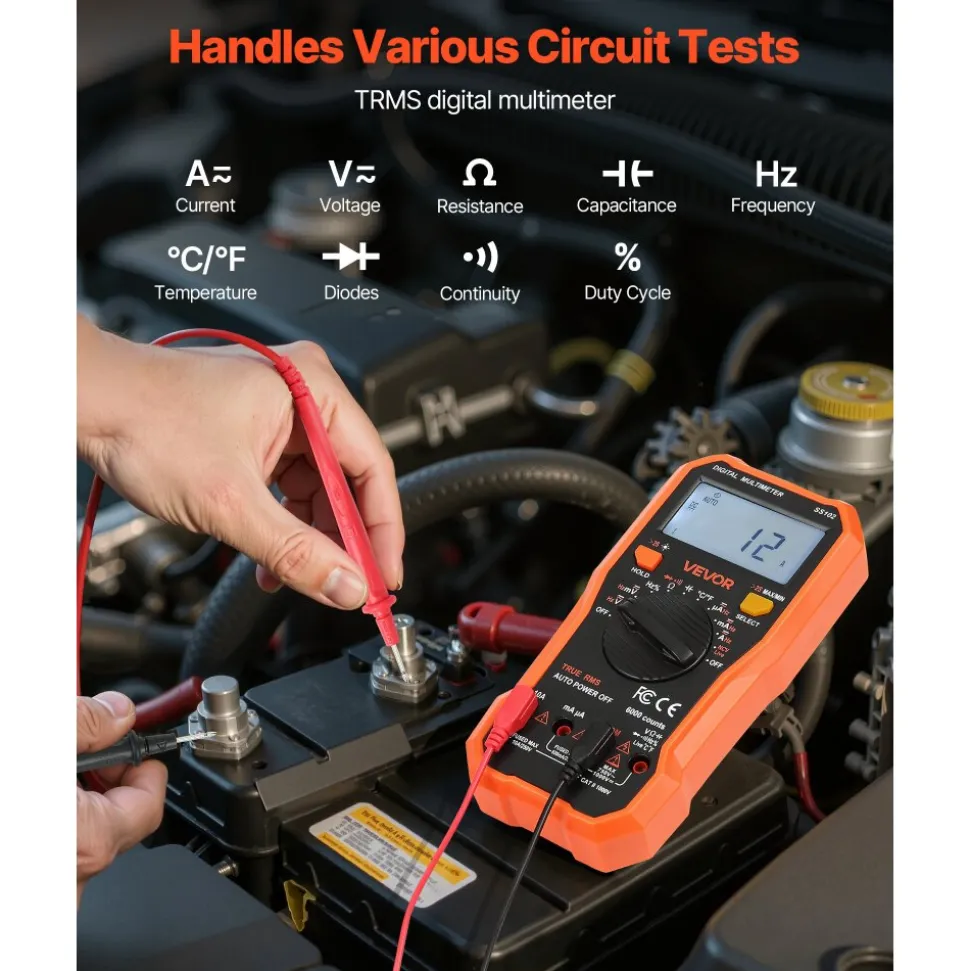 VEVOR Digital Multimeter, 6000-Count TRMS DC/AC Voltmeter Current Tester, Professional NCV Multimeter for Current Voltage Resistance Capacitance Duty-Cycle Tempetature Diodes Continuity Live Wire Test
