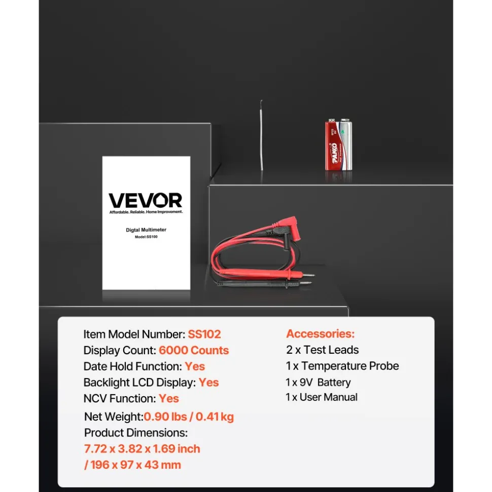 VEVOR Digital Multimeter, 6000-Count TRMS DC/AC Voltmeter Current Tester, Professional NCV Multimeter for Current Voltage Resistance Capacitance Duty-Cycle Tempetature Diodes Continuity Live Wire Test