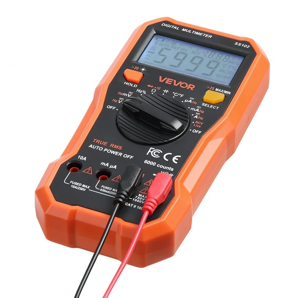 VEVOR Digital Multimeter, 6000-Count TRMS DC/AC Voltmeter Current Tester, Professional NCV Multimeter for Current Voltage Resistance Capacitance Duty-Cycle Tempetature Diodes Continuity Live Wire Test