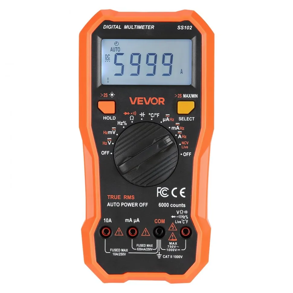VEVOR Digital Multimeter, 6000-Count TRMS DC/AC Voltmeter Current Tester, Professional NCV Multimeter for Current Voltage Resistance Capacitance Duty-Cycle Tempetature Diodes Continuity Live Wire Test