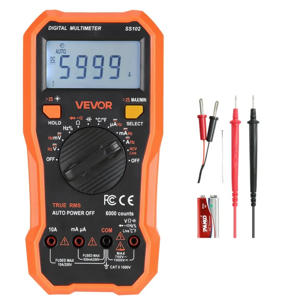 VEVOR Digital Multimeter, 6000-Count TRMS DC/AC Voltmeter Current Tester, Professional NCV Multimeter for Current Voltage Resistance Capacitance Duty-Cycle Tempetature Diodes Continuity Live Wire Test