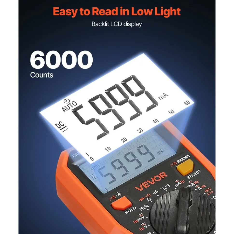VEVOR Digital Multimeter, 6000-Count TRMS DC/AC Voltmeter Current Tester, Professional NCV Multimeter for Current Voltage Resistance Capacitance Duty-Cycle Tempetature Diodes Continuity Live Wire Test