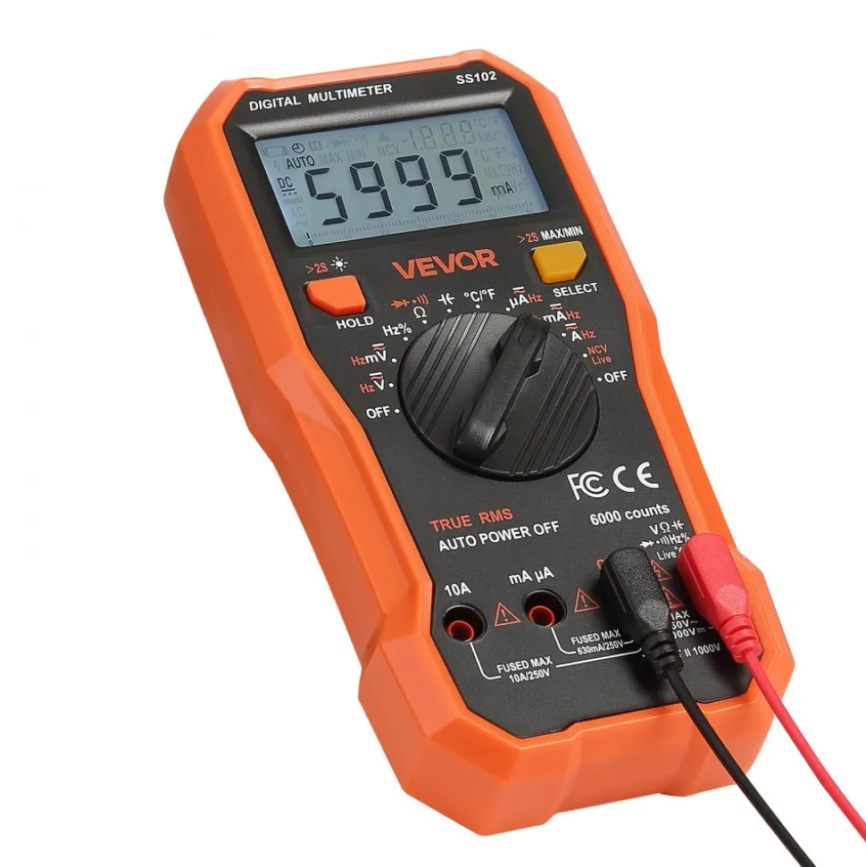 VEVOR Digital Multimeter, 6000-Count TRMS DC/AC Voltmeter Current Tester, Professional NCV Multimeter for Current Voltage Resistance Capacitance Duty-Cycle Tempetature Diodes Continuity Live Wire Test