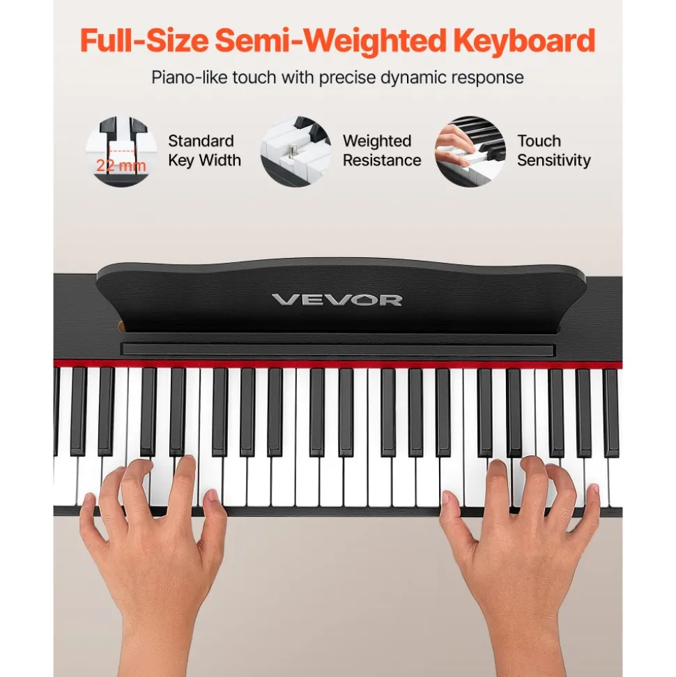 VEVOR Digital Piano 88 Keys Semi Weighted Full Size Keyboard Stand Black, for Beginners, 600 Tones, 600 Rhythms, Electric Piano, with Sustain Pedal, Speaker, Headphone Jack, USB/MIDI, Power Adapter