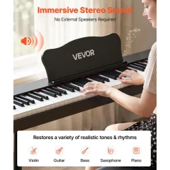 VEVOR Digital Piano 88 Keys Semi Weighted Full Size Keyboard Stand Black, for Beginners, 600 Tones, 600 Rhythms, Electric Piano, with Sustain Pedal, Speaker, Headphone Jack, USB/MIDI, Power Adapter