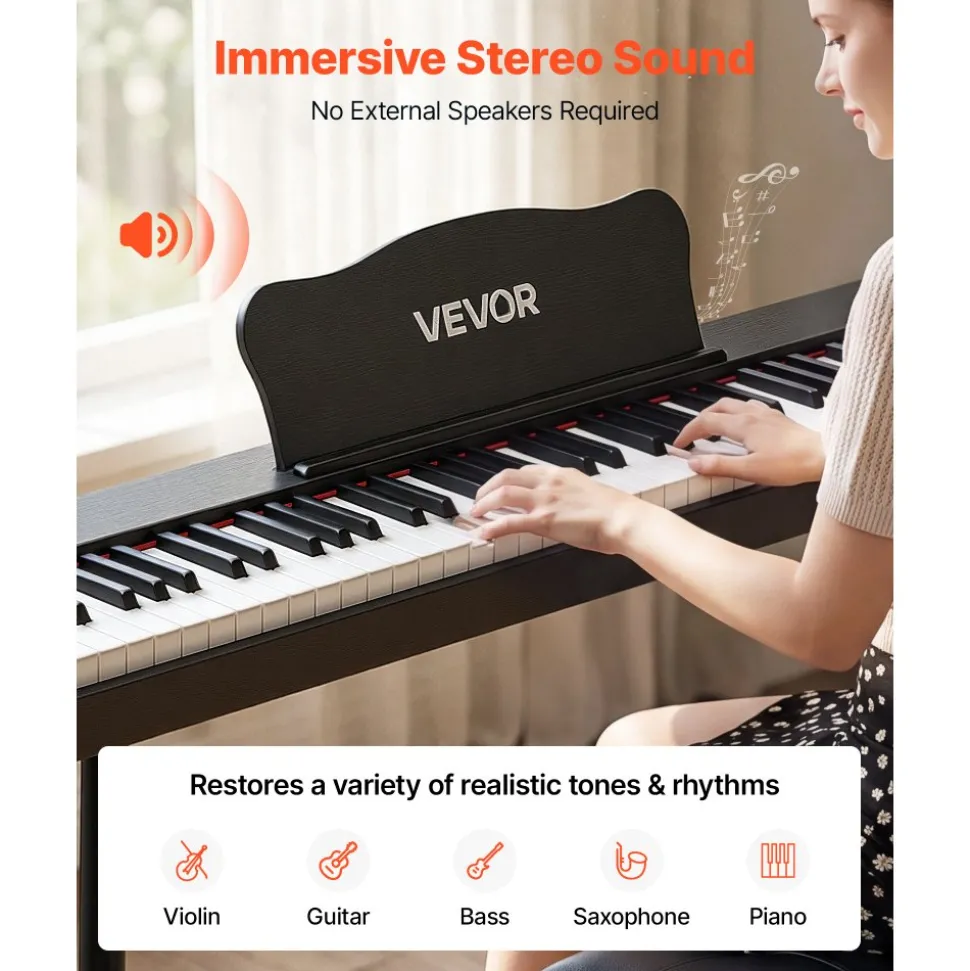 VEVOR Digital Piano 88 Keys Semi Weighted Full Size Keyboard Stand Black, for Beginners, 600 Tones, 600 Rhythms, Electric Piano, with Sustain Pedal, Speaker, Headphone Jack, USB/MIDI, Power Adapter