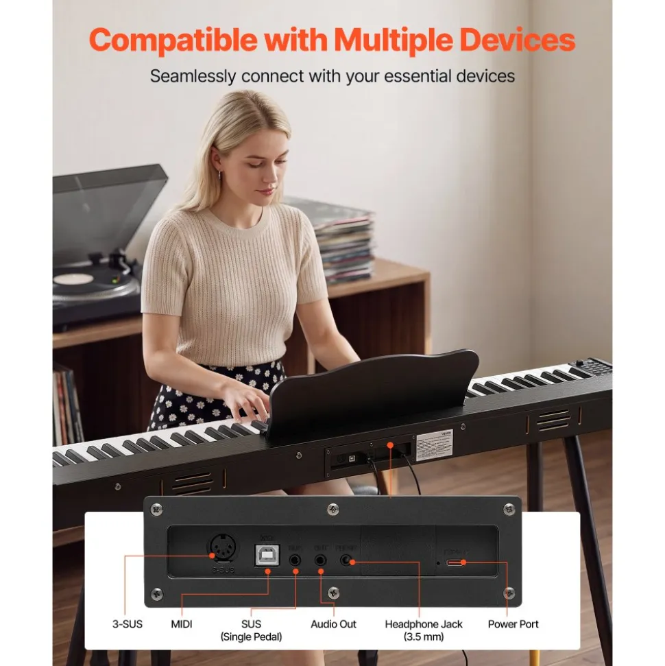 VEVOR Digital Piano 88 Keys Semi Weighted Full Size Keyboard Stand Black, for Beginners, 600 Tones, 600 Rhythms, Electric Piano, with Sustain Pedal, Speaker, Headphone Jack, USB/MIDI, Power Adapter