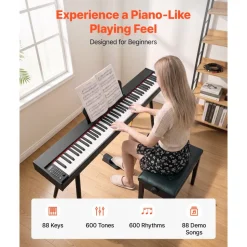 VEVOR Digital Piano 88 Keys Semi Weighted Full Size Keyboard Stand Black, for Beginners, 600 Tones, 600 Rhythms, Electric Piano, with Sustain Pedal, Speaker, Headphone Jack, USB/MIDI, Power Adapter