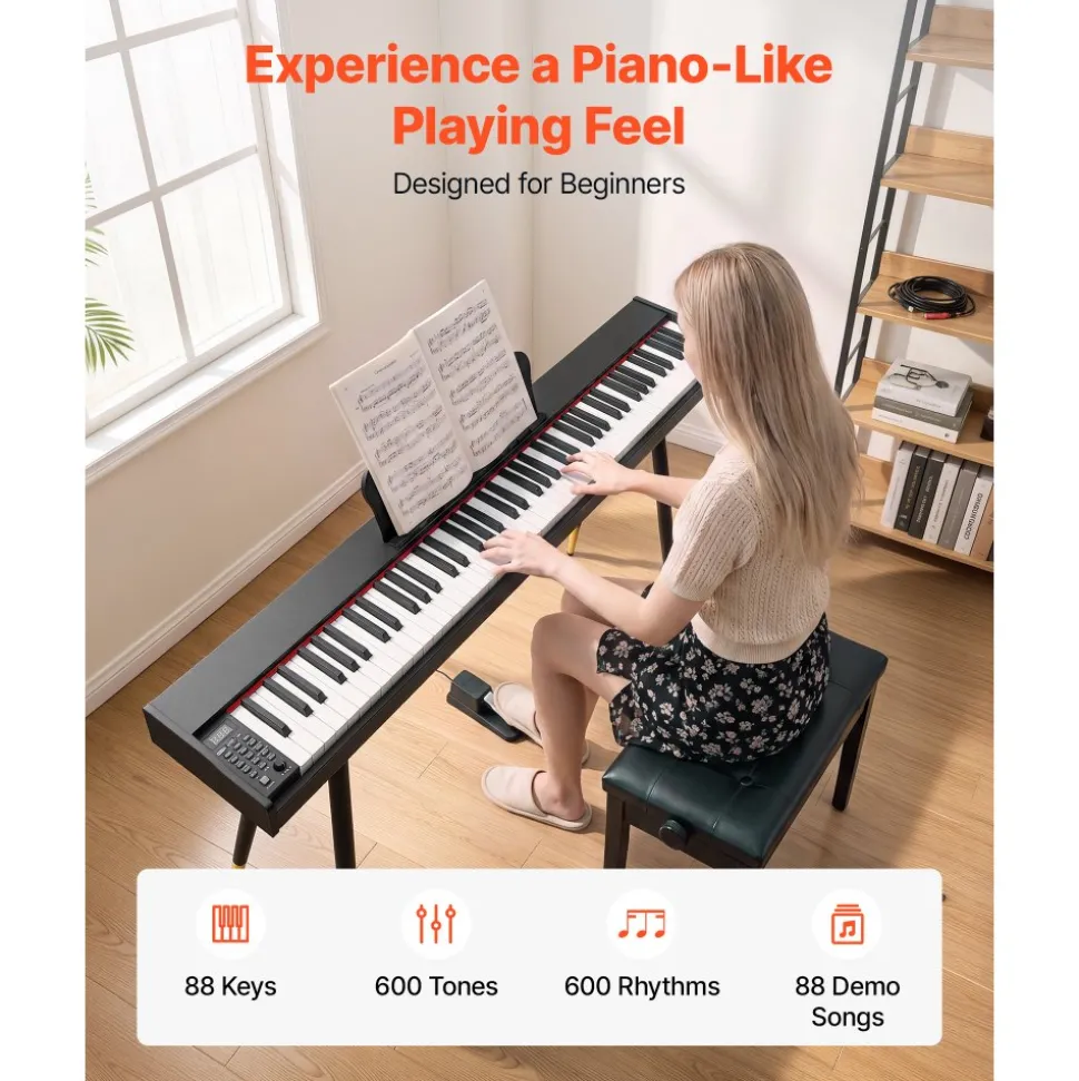VEVOR Digital Piano 88 Keys Semi Weighted Full Size Keyboard Stand Black, for Beginners, 600 Tones, 600 Rhythms, Electric Piano, with Sustain Pedal, Speaker, Headphone Jack, USB/MIDI, Power Adapter