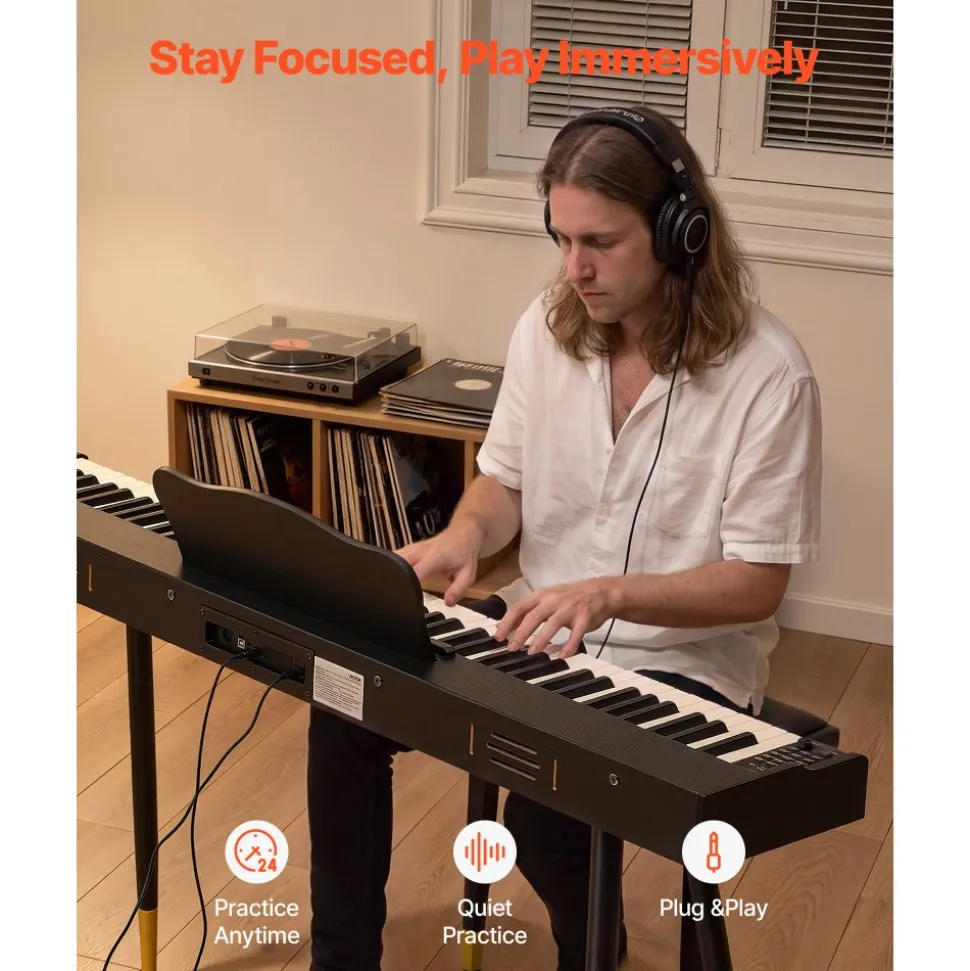 VEVOR Digital Piano 88 Keys Semi Weighted Full Size Keyboard Stand Black, for Beginners, 600 Tones, 600 Rhythms, Electric Piano, with Sustain Pedal, Speaker, Headphone Jack, USB/MIDI, Power Adapter