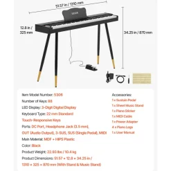VEVOR Digital Piano 88 Keys Semi Weighted Full Size Keyboard Stand Black, for Beginners, 600 Tones, 600 Rhythms, Electric Piano, with Sustain Pedal, Speaker, Headphone Jack, USB/MIDI, Power Adapter