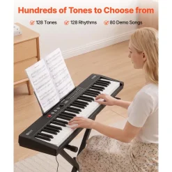 VEVOR Digital Piano 61 Keys Semi Weighted Keyboard Portable Stand Bench, for Beginners, 128 Tones, 128 Rhythms, Dual Power Supply Electronic Piano, with Pedal, Headphone Jack, USB/MIDI, Music Stand