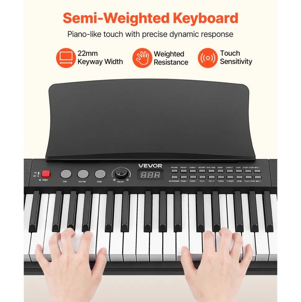 VEVOR Digital Piano 61 Keys Semi Weighted Keyboard Portable Stand Bench, for Beginners, 128 Tones, 128 Rhythms, Dual Power Supply Electronic Piano, with Pedal, Headphone Jack, USB/MIDI, Music Stand