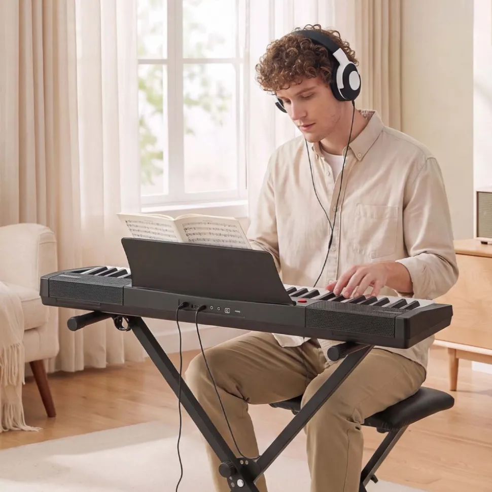 VEVOR Digital Piano 61 Keys Semi Weighted Keyboard Portable Stand Bench, for Beginners, 128 Tones, 128 Rhythms, Dual Power Supply Electronic Piano, with Pedal, Headphone Jack, USB/MIDI, Music Stand