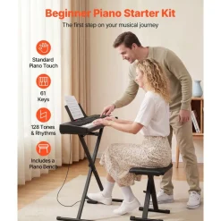 VEVOR Digital Piano 61 Keys Semi Weighted Keyboard Portable Stand Bench, for Beginners, 128 Tones, 128 Rhythms, Dual Power Supply Electronic Piano, with Pedal, Headphone Jack, USB/MIDI, Music Stand