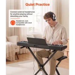 VEVOR Digital Piano 61 Keys Semi Weighted Keyboard Portable Stand Bench, for Beginners, 128 Tones, 128 Rhythms, Dual Power Supply Electronic Piano, with Pedal, Headphone Jack, USB/MIDI, Music Stand