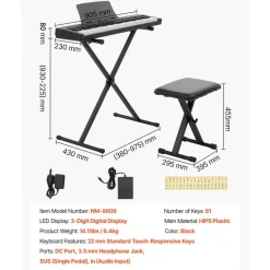 VEVOR Digital Piano 61 Keys Semi Weighted Keyboard Portable Stand Bench, for Beginners, 128 Tones, 128 Rhythms, Dual Power Supply Electronic Piano, with Pedal, Headphone Jack, USB/MIDI, Music Stand