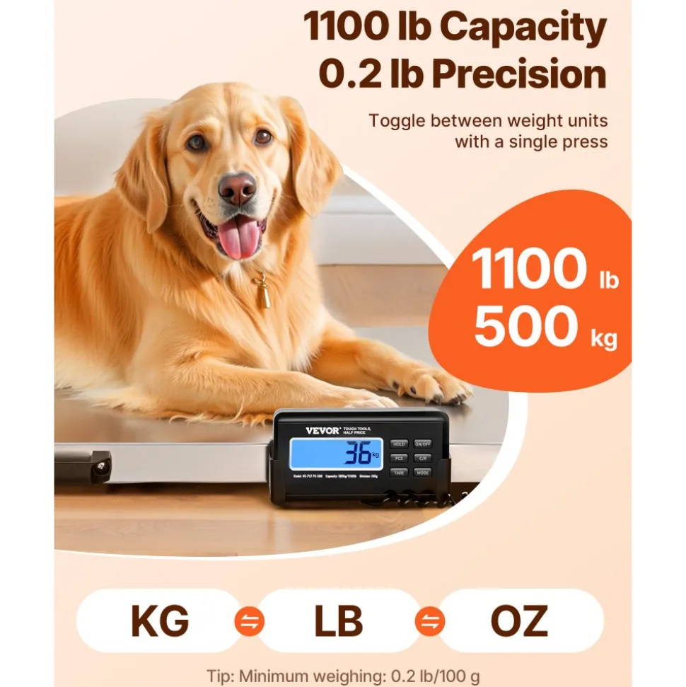 VEVOR Digital Postal Scale, 0.2 lbs Dual Accuracy, 1100 lbs Commercial Weight Scale with Hold/Tare Function & LCD Display, Fit for Packages, Postage, Luggage, Battery and Power Adapter Included