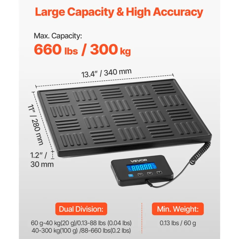 VEVOR Digital Postal Scale, 0.7 oz/3.5 oz Dual Accuracy, 660 lbs Commercial Weight Scale with Hold/Tare Function & LCD Display, Fit for Packages, Postage, Luggage, Battery & Charging Cable Included