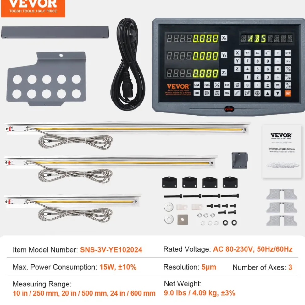VEVOR Digital Readout 10'' & 20'' & 24'' Linear Scale 3 Axis DRO Display Kit