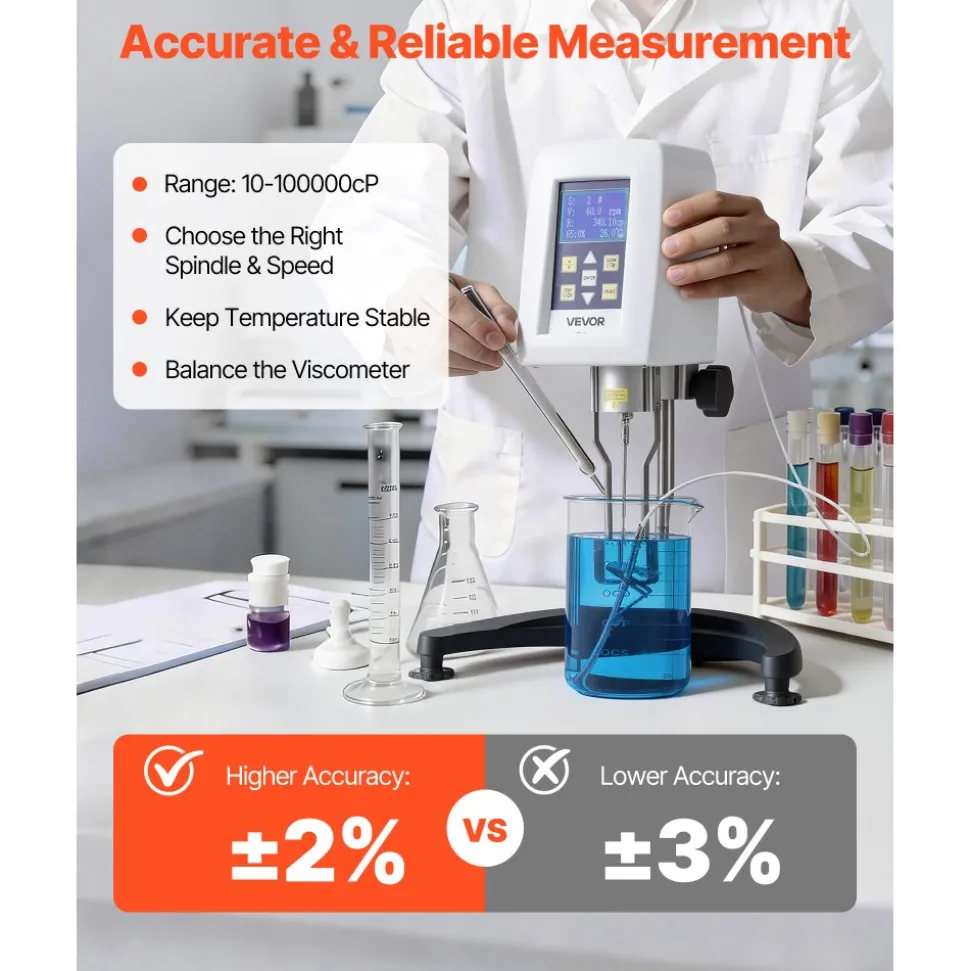 VEVOR Digital Rotary Viscometer, 10-100,000 mPa.s(cP), ±2% Accuracy, 100-240V Digital Rotational Viscosity Meter with 4 Rotors and Temperature Probe, LCD Display, Lab Viscometer for Fluid Testing