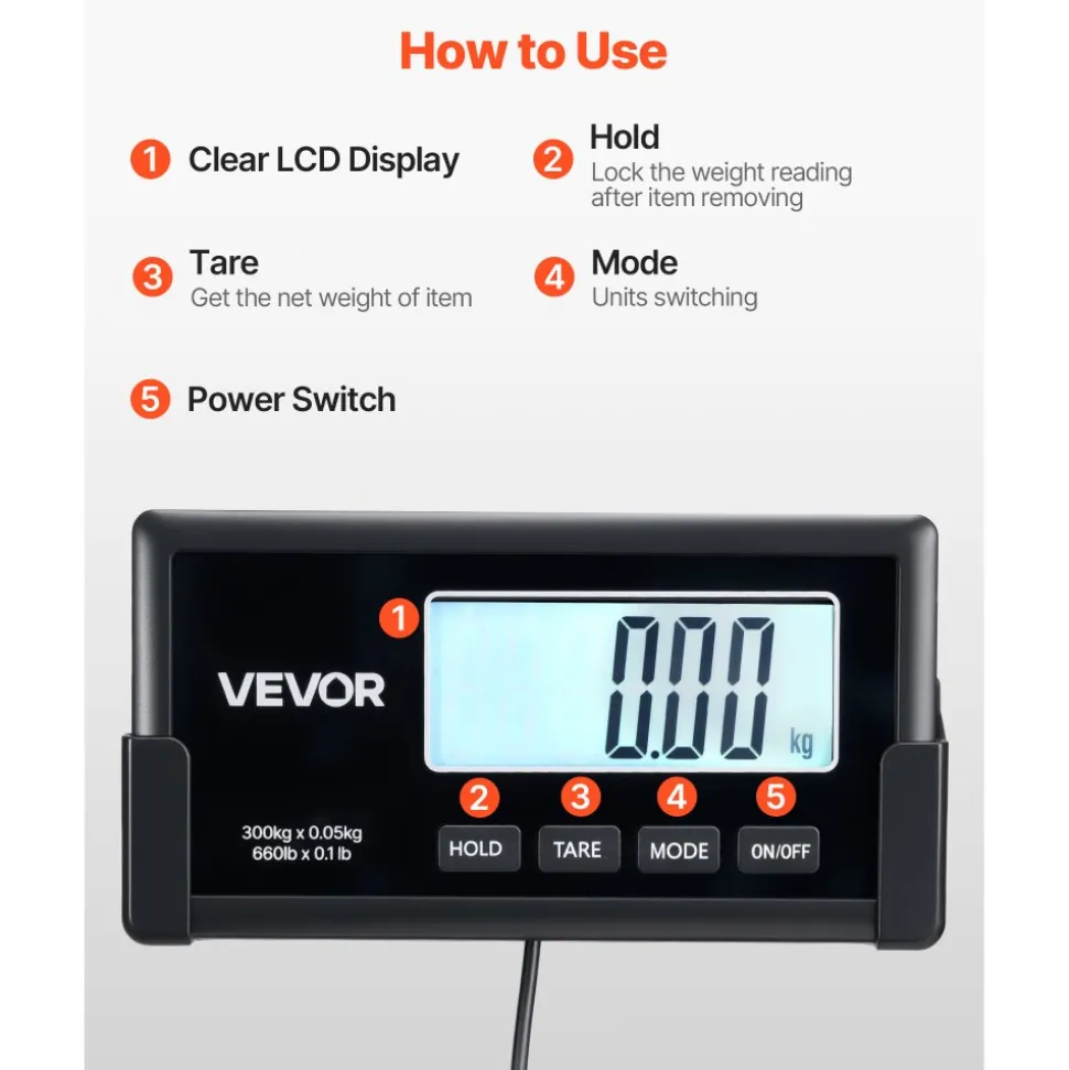 VEVOR Digital Shipping Scale, 0.1 lbs High Accuracy, 660 lbs Postal Scale with LCD Display, Hold/Tare Function & AC/DC Power Supply, Fit for Packages, Postage, Luggage, Battery & Adapter Included