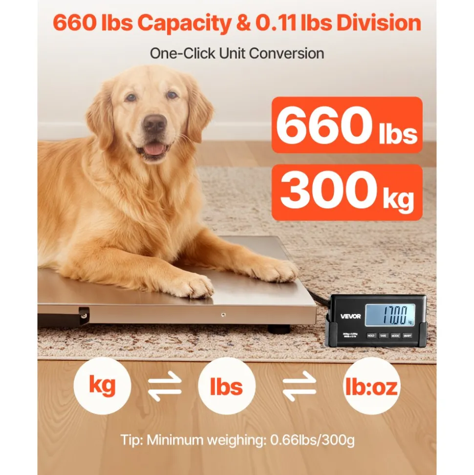 VEVOR Digital Shipping Scale, 0.1 lbs High Accuracy, 660 lbs Postal Scale with LCD Display, Hold/Tare Function & AC/DC Power Supply, Fit for Packages, Postage, Luggage, Battery & Adapter Included