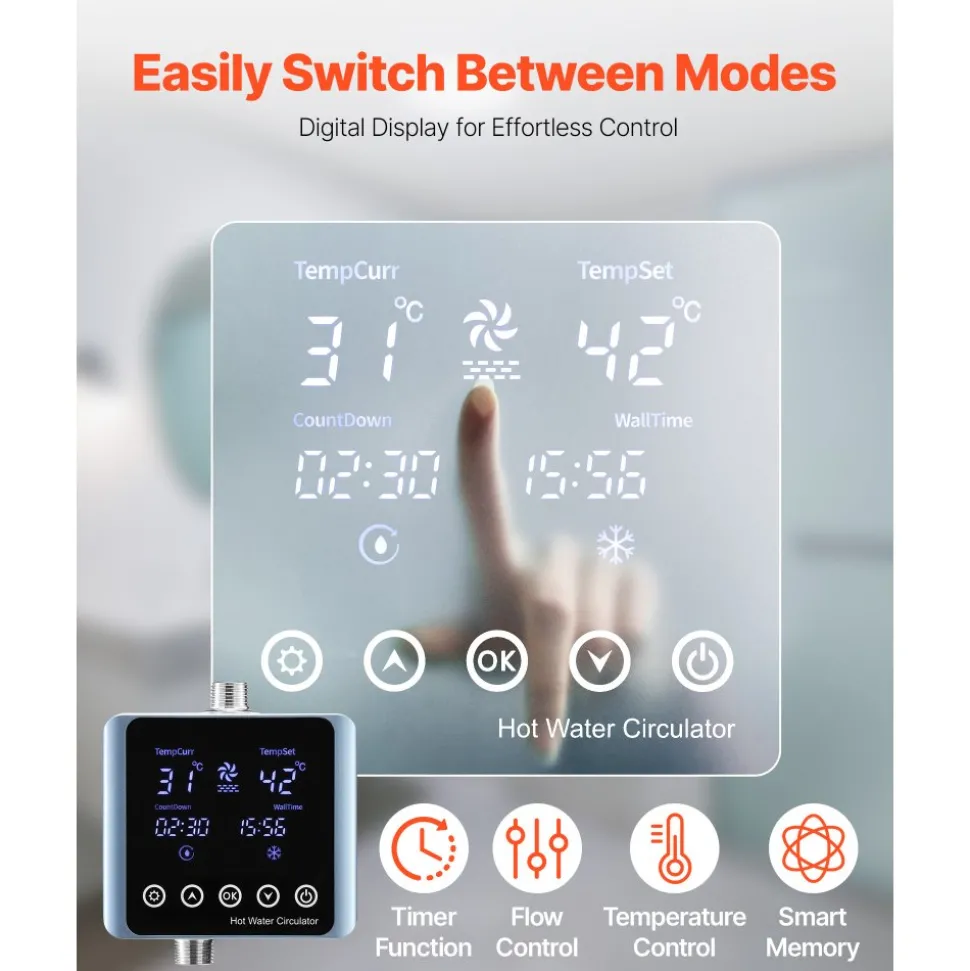 VEVOR Digital Smart Instant Hot Water Recirculating Pump Kit, with Built-in Thermostat, Timer, Digital Screen, Under Sink Recirculation Circulation Circulator Pump System, for House Water Heaters