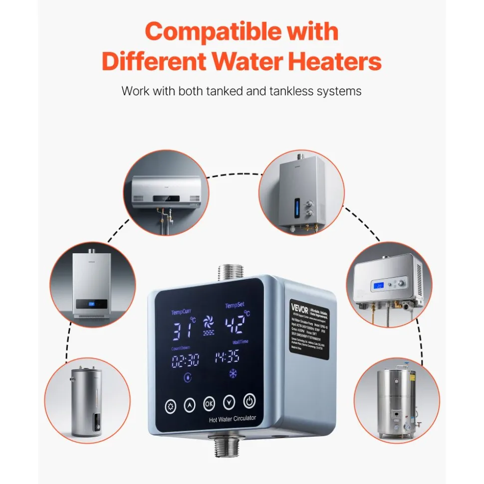 VEVOR Digital Smart Instant Hot Water Recirculating Pump Kit, with Built-in Thermostat, Timer, Digital Screen, Under Sink Recirculation Circulation Circulator Pump System, for House Water Heaters