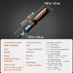 VEVOR Digital Torque Screwdriver, 1/4" Drive Screwdriver Torque Wrench, Electrician Torque Screwdriver with LCD, 2.65-70.67 in-lbs Torque Range, 0.01 N.m Increment Torque Screwdriver with Bits & Case