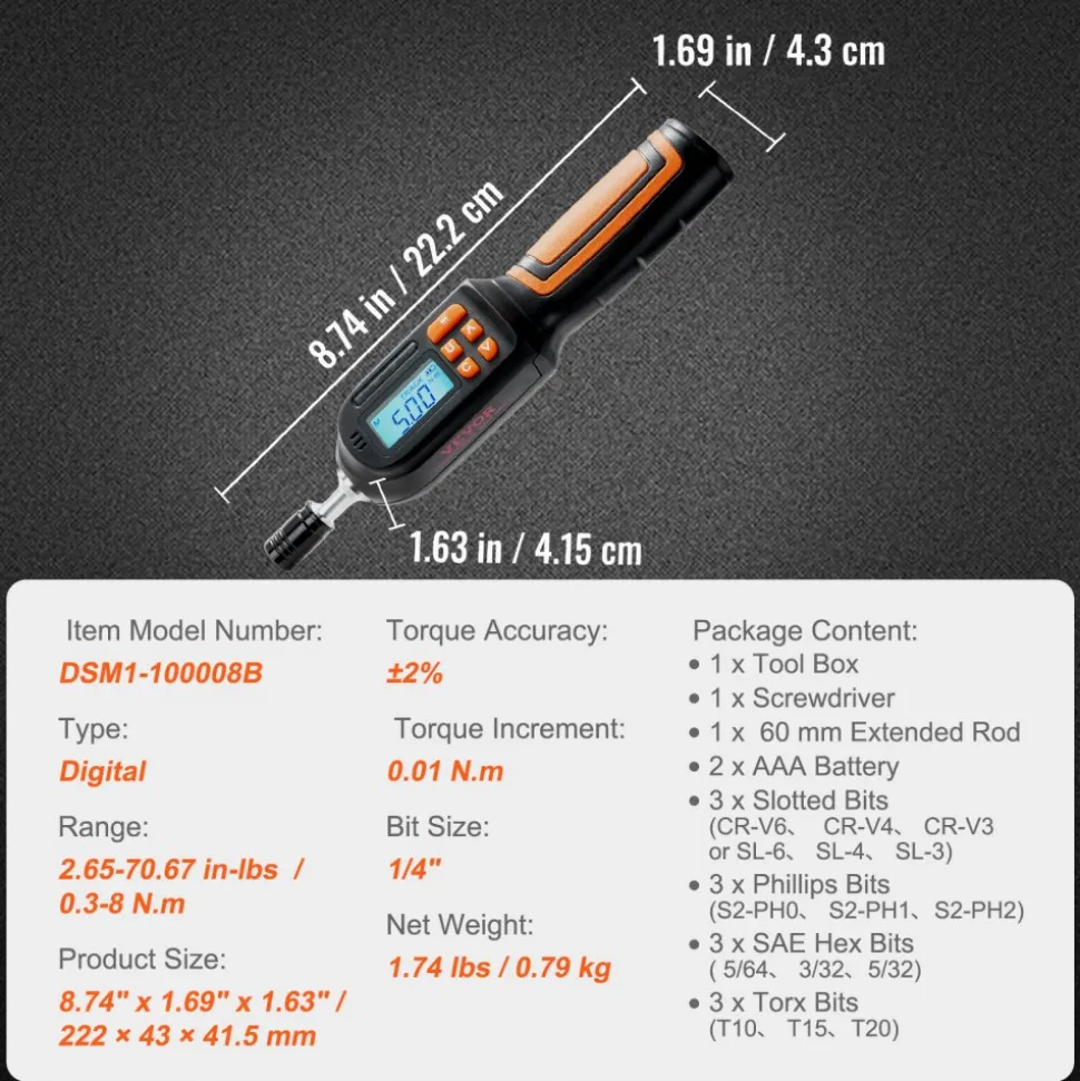 VEVOR Digital Torque Screwdriver, 1/4" Drive Screwdriver Torque Wrench, Electrician Torque Screwdriver with LCD, 2.65-70.67 in-lbs Torque Range, 0.01 N.m Increment Torque Screwdriver with Bits & Case