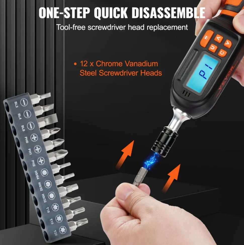 VEVOR Digital Torque Screwdriver, 1/4" Drive Screwdriver Torque Wrench, Electrician Torque Screwdriver with LCD, 2.65-70.67 in-lbs Torque Range, 0.01 N.m Increment Torque Screwdriver with Bits & Case